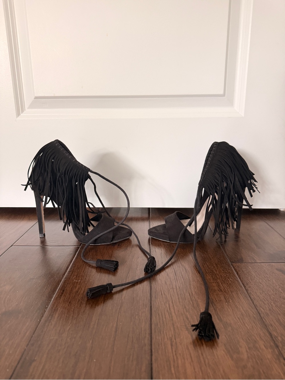 Fringe Wrap Black High Heel Sandals size 6 - Women